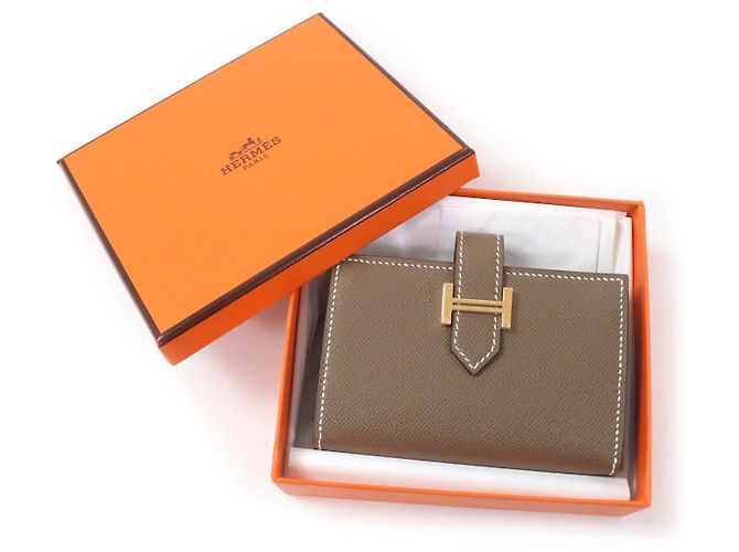 Mini billetera de cuero Bearn Vaugham de Hermès Castaño Gris pardo - vista 2