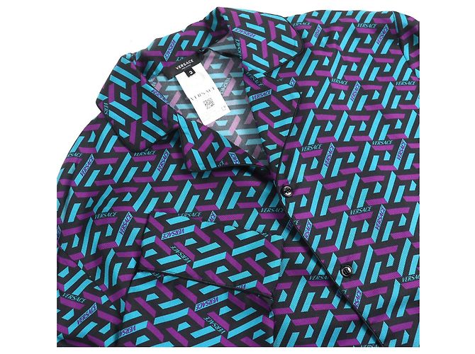 Versace La Greca Seidenhemd Schwarz Blau Lila - Ansicht 3