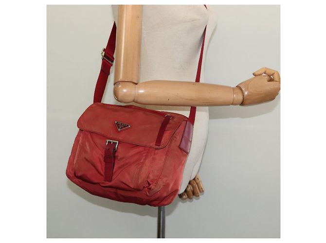 Borsa a Spalla PRADA in Nylon Rosso Argento Auth ki5884 - vista 23
