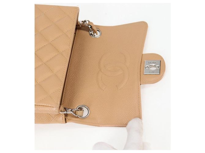 CHANEL Mini Matelassé 17 Borsa a Spalla con Catena Pelle Caviar Beige CC Auth 138560V Argento - vista 10