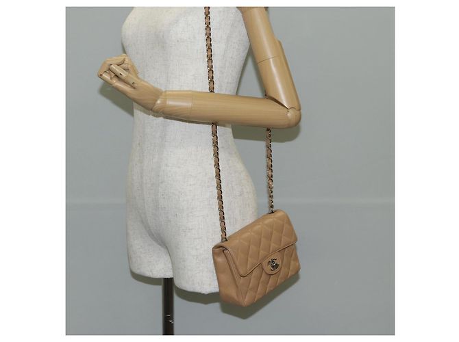 CHANEL Mini Matelassé 17 Borsa a Spalla con Catena Pelle Caviar Beige CC Auth 138560V Argento - vista 25