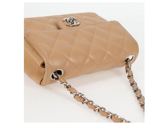 CHANEL Mini Matelassé 17 Borsa a Spalla con Catena Pelle Caviar Beige CC Auth 138560V Argento - vista 6