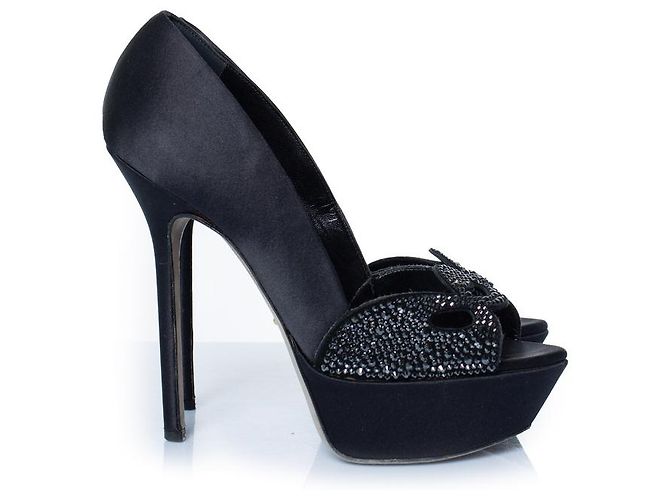 Sergio Rossi, décolleté in satin nero con strass - vista 4