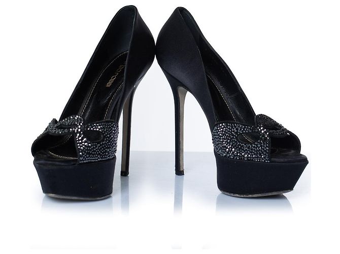 Sergio Rossi, décolleté in satin nero con strass - vista 6