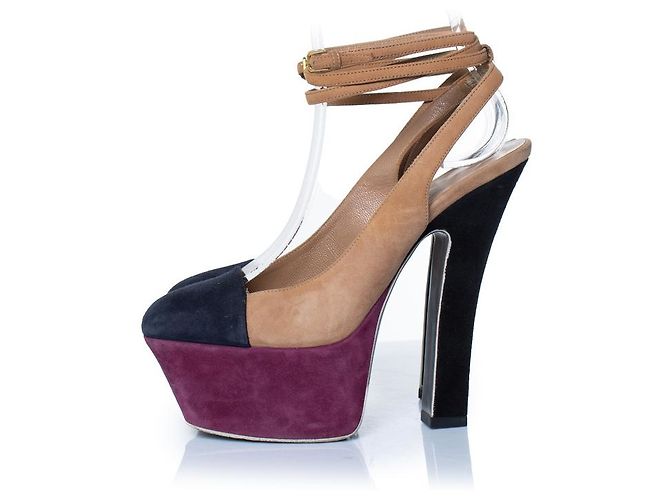 Yves Saint Laurent, décolleté platform in suede tricolore Marrone Nero Porpora - vista 2