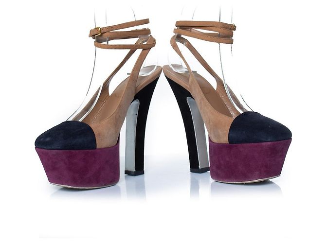 Yves Saint Laurent, décolleté platform in suede tricolore Marrone Nero Porpora - vista 4