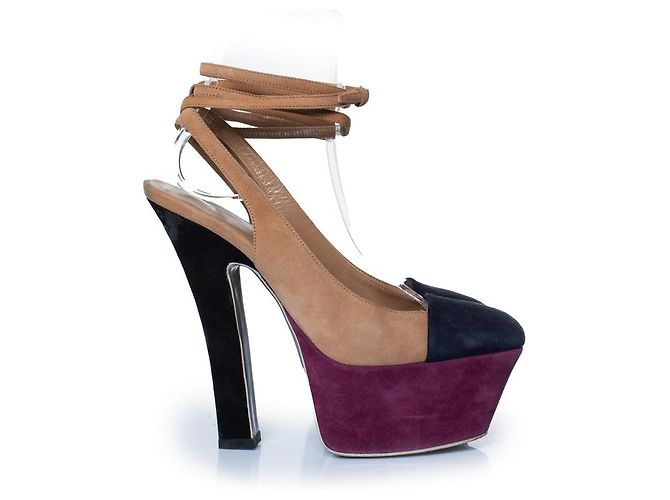 Yves Saint Laurent, décolleté platform in suede tricolore Marrone Nero Porpora - vista 5