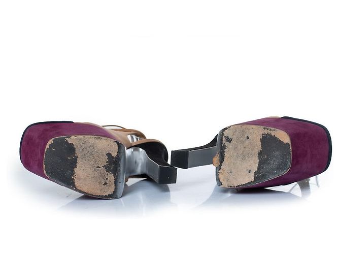 Yves Saint Laurent, décolleté platform in suede tricolore Marrone Nero Porpora - vista 7