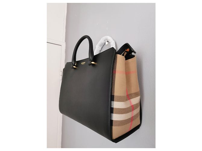 Borsa Burberry GM in pelle nera e tela check Marrone Nero - vista 2