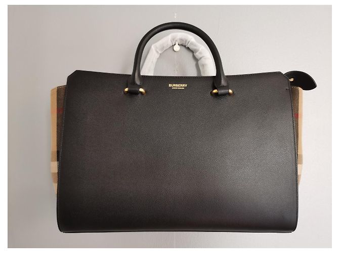 Borsa Burberry GM in pelle nera e tela check Marrone Nero - vista 7