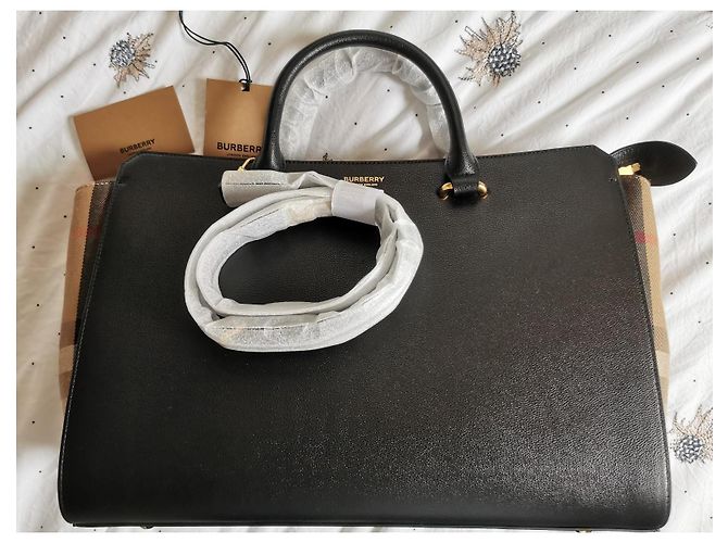 Borsa Burberry GM in pelle nera e tela check Marrone Nero - vista 9