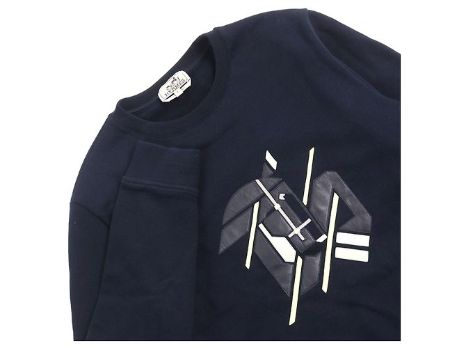 Hermès Pullover aus Baumwolle, Schafsleder und Leder Hermes Chevaux en Symmetrie Blau Marineblau - Ansicht 2