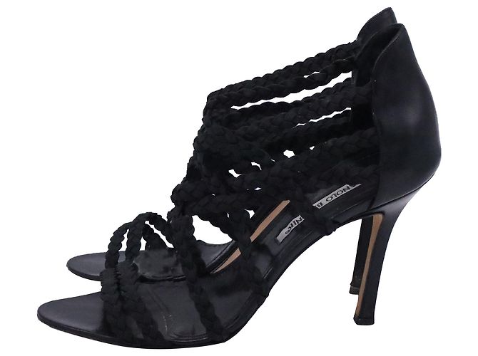 Manolo Blahnik geflochtene Gladiator Sandaletten aus schwarzer Baumwolle - Ansicht 5