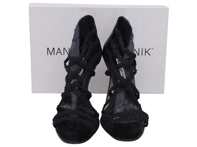 Manolo Blahnik geflochtene Gladiator Sandaletten aus schwarzer Baumwolle - Ansicht 6
