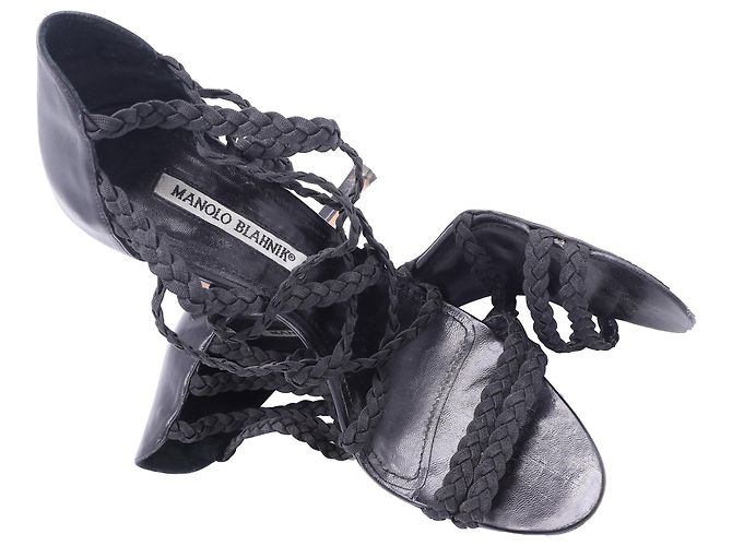 Manolo Blahnik geflochtene Gladiator Sandaletten aus schwarzer Baumwolle - Ansicht 8