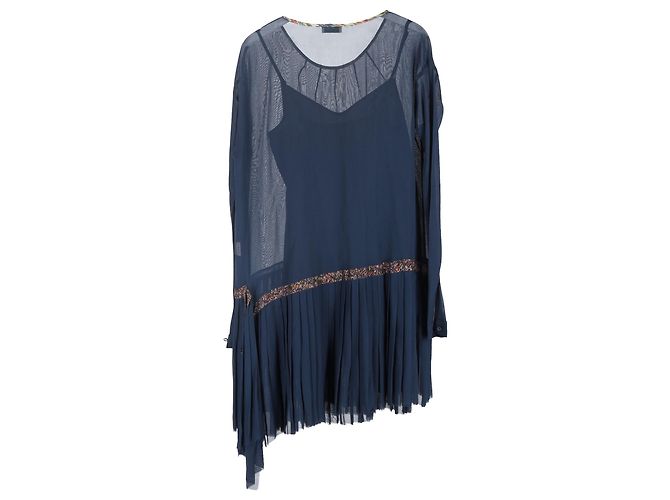 Vestido de hem pliegue asimétrico transparente en rayón azul marino de Dries Van Noten - vista 2