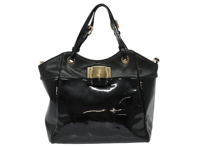 Borsa a Mano Salvatore Ferragamo Vala Smalto 2 vie Nero Oro Auth bs28916 - vista 2