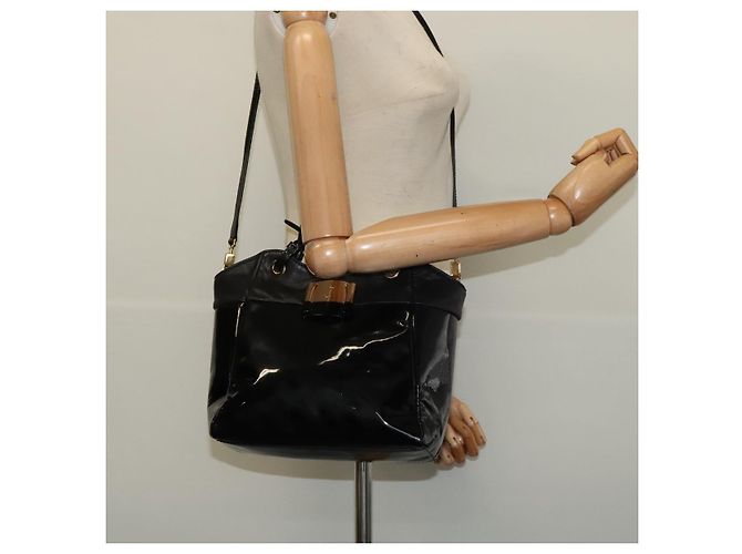 Borsa a Mano Salvatore Ferragamo Vala Smalto 2 vie Nero Oro Auth bs28916 - vista 23