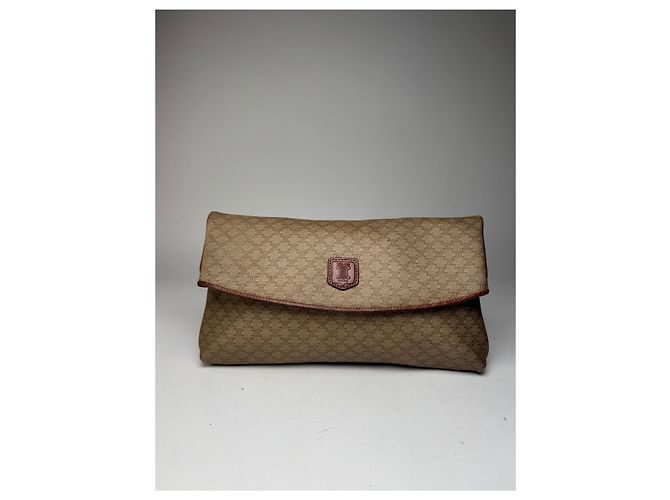 Triomphe Céline Clutch in Pelle Monogramma Celine Paris Vintage Beige Marrone - vista 14