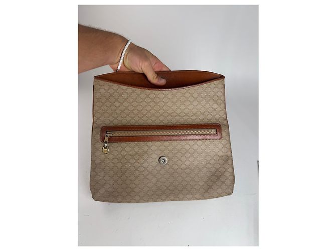 Triomphe Céline Clutch in Pelle Monogramma Celine Paris Vintage Beige Marrone - vista 6