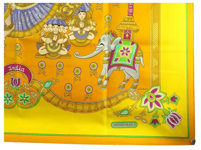 Hermès FULAR HERMES INDIA DI CATY LATHAM 1986 IN SETA 90 CM Giallo - vista 5