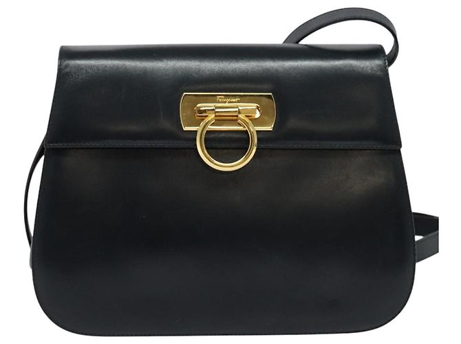 Borsa a Spalla Gancini in Pelle Salvatore Ferragamo Blu Navy Oro Auth bs28922 - vista 13