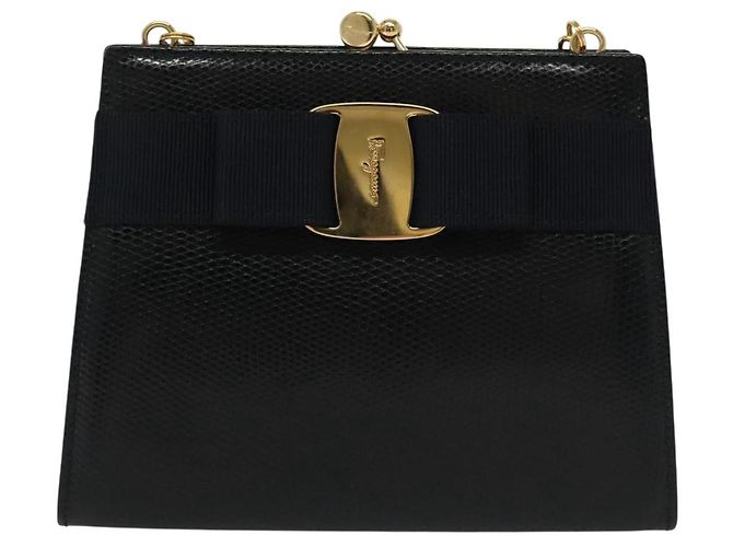 Borsa a Spalla Vala Chain in Pelle Blu Navy e Oro Auth gh620 di Salvatore Ferragamo D'oro - vista 13
