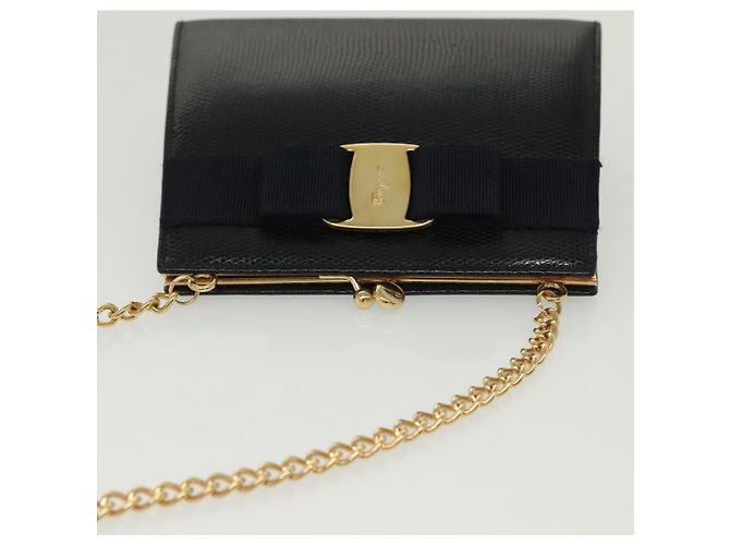 Borsa a Spalla Vala Chain in Pelle Blu Navy e Oro Auth gh620 di Salvatore Ferragamo D'oro - vista 6