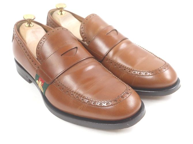 Mocassini in pelle con ricamo di ape Gucci e linea web Marrone Bronzo - vista 3
