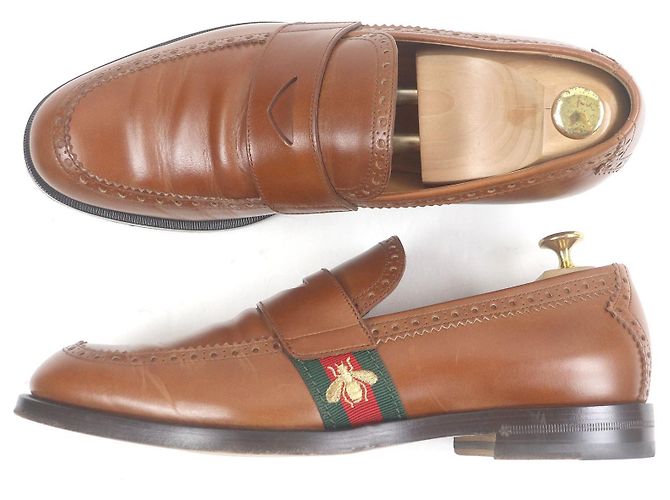 Mocassini in pelle con ricamo di ape Gucci e linea web Marrone Bronzo - vista 4