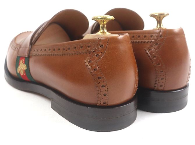 Mocassini in pelle con ricamo di ape Gucci e linea web Marrone Bronzo - vista 6