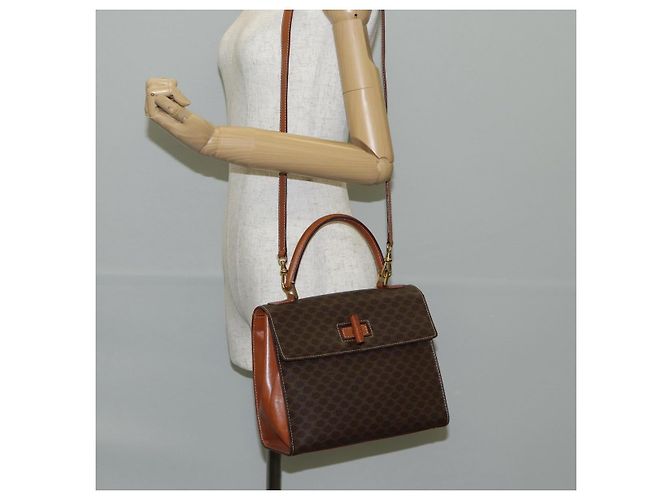 Céline CELINE Macadam Canvas Hand Bag PVC Leather 2way Brown Gold Auth ki5899 Golden - view 29