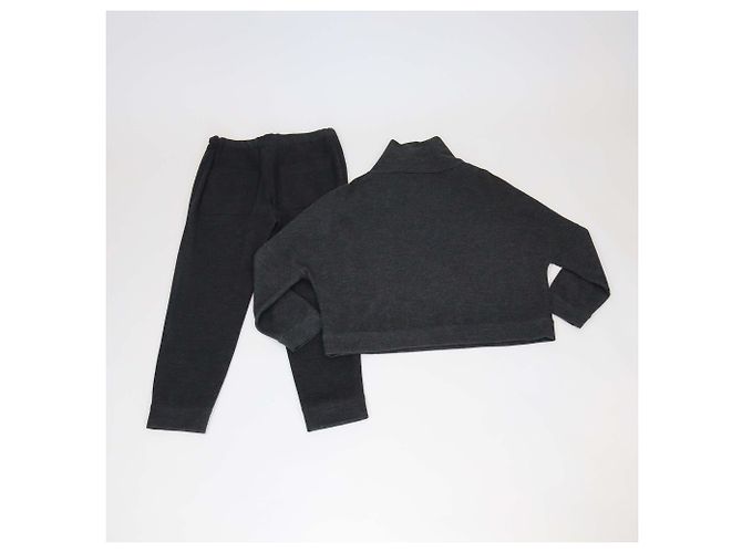 Dunkelgrauer Cashmere-Strickpullover und -Hose mit Knopf-Schultern von Brunello Cucinelli Anthrazitgrau - Ansicht 3