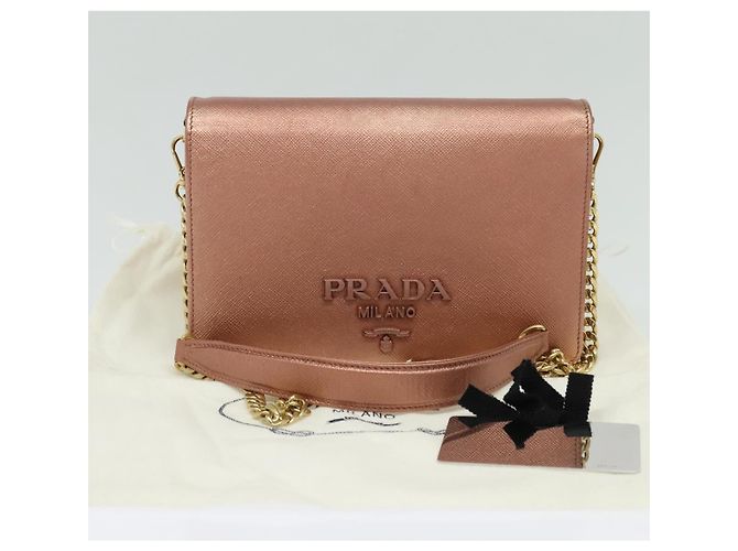 PRADA Bolsa de Ombro com Corrente em Couro Rosa Dourado Auth 127990 - vista 12