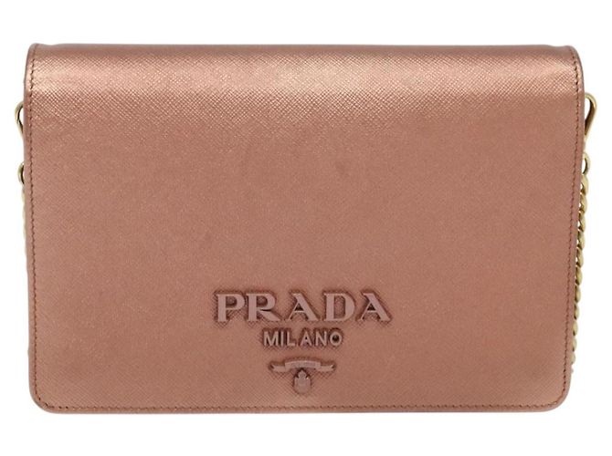 PRADA Bolsa de Ombro com Corrente em Couro Rosa Dourado Auth 127990 - vista 13