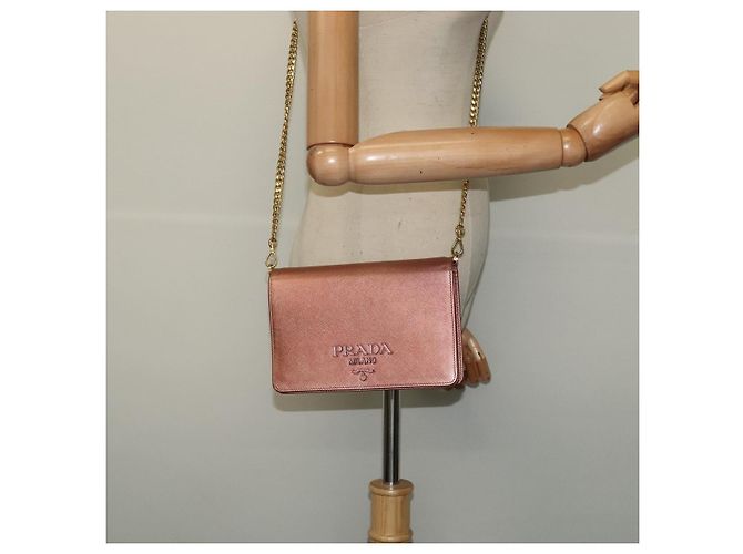 PRADA Bolsa de Ombro com Corrente em Couro Rosa Dourado Auth 127990 - vista 25