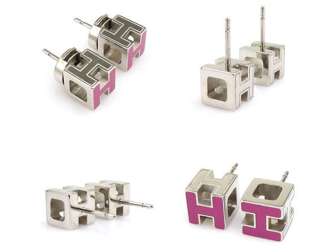 Hermès HERMES Ohrringe Cage de H Metall Emaille Silber Magenta - Ansicht 4