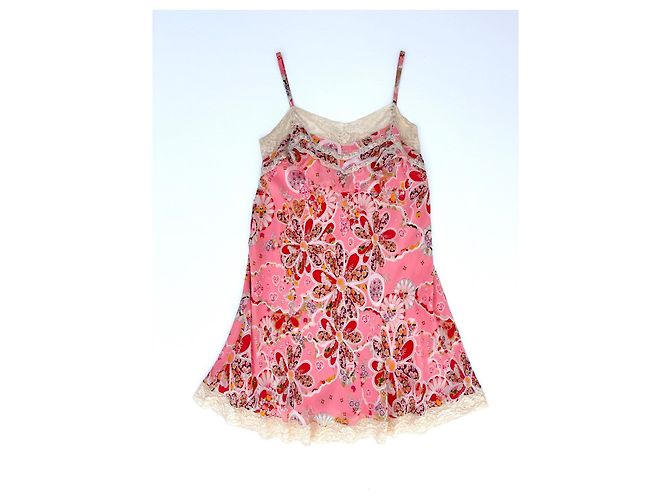 John Galliano Kleid aus rosa Seide mit Blumenmuster und Spitze - Ansicht 2