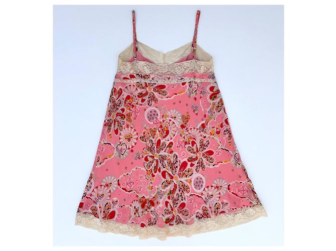 John Galliano Kleid aus rosa Seide mit Blumenmuster und Spitze - Ansicht 3