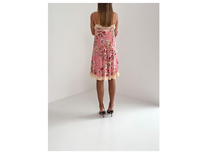 John Galliano Kleid aus rosa Seide mit Blumenmuster und Spitze - Ansicht 8