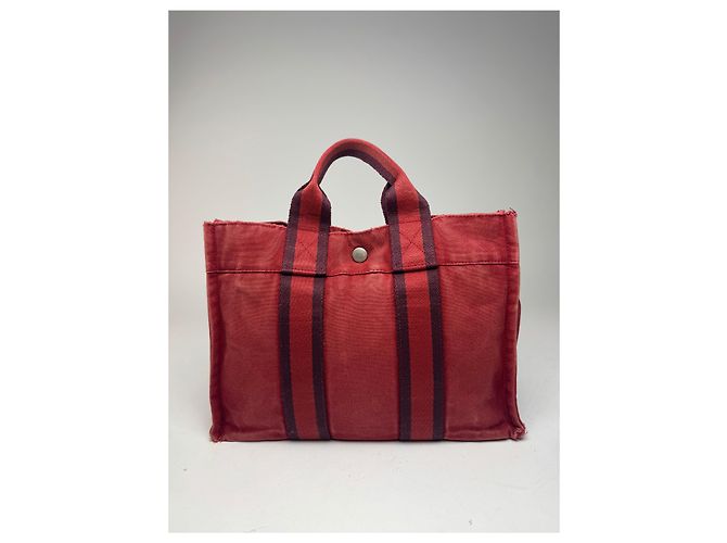 Vintage Hermès Mini-Canvas-Tote-Bag rot Schwarz - Ansicht 10