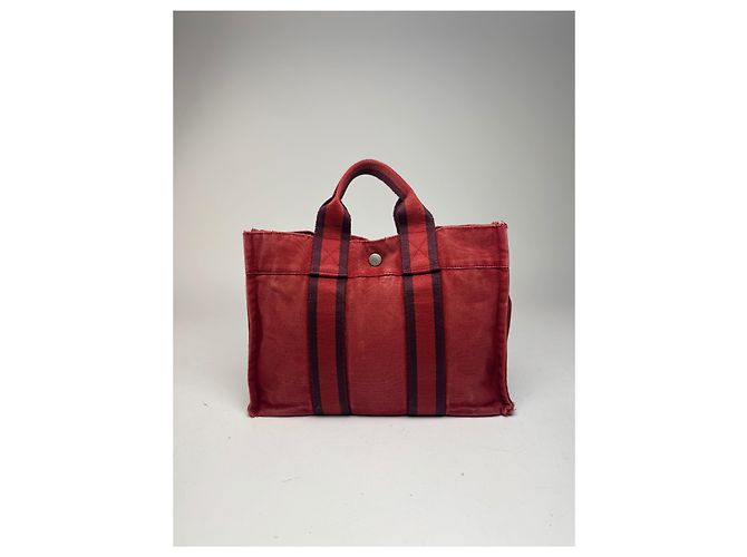 Vintage Hermès Mini-Canvas-Tote-Bag rot Schwarz - Ansicht 4