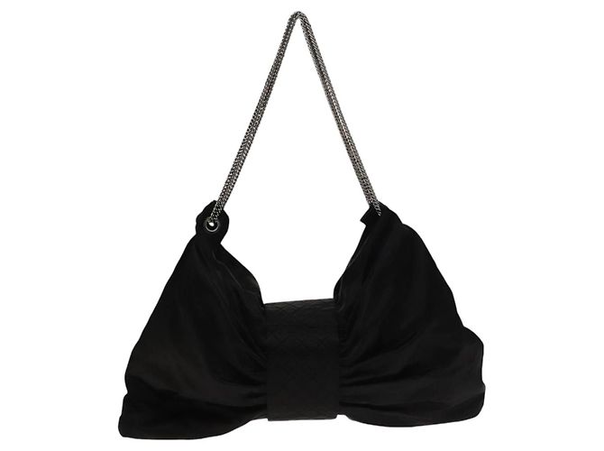 Borsa a spalla in raso nero e argento CC Auth 138568 con catena 2.55 e nastro CHANEL - vista 2