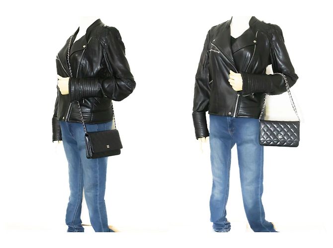Wallet On Chain CHANEL Cartera de cadena de piel de ternera granulada negra WOC Negro - vista 12