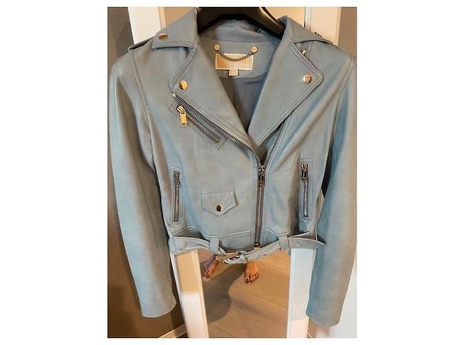 Michael Kors blaue Leder-Bikerjacke Hellblau - Ansicht 2