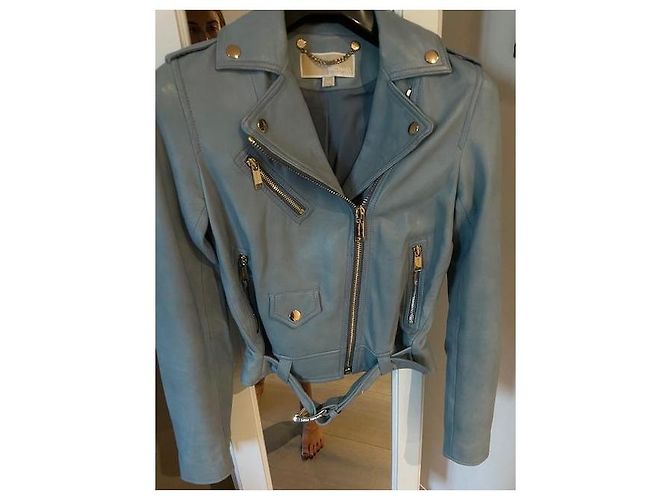 Michael Kors blaue Leder-Bikerjacke Hellblau - Ansicht 4