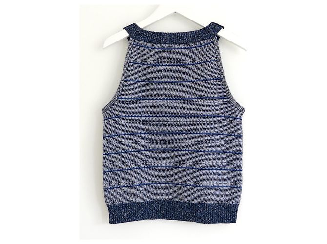 Chanel Primavera 2017 Top in Maglia a Righe Blu Navy e Argento con Bottone CC - vista 5