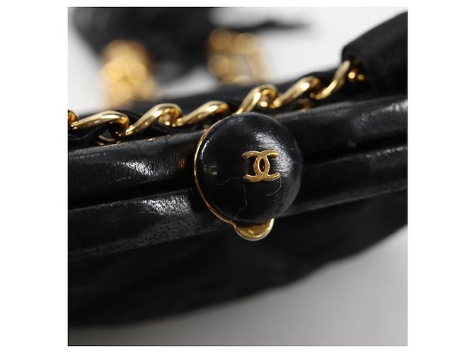 CHANEL Borsa in Vita Matelassé Satin Nero Oro CC Auth 141135V D'oro - vista 17