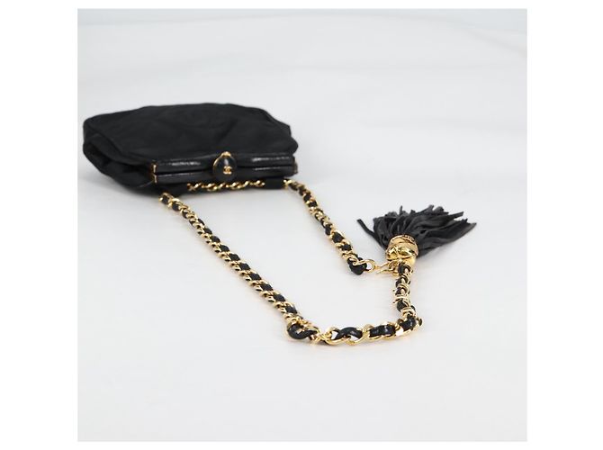 CHANEL Borsa in Vita Matelassé Satin Nero Oro CC Auth 141135V D'oro - vista 7