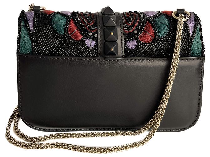 Valentino Garavani Borsa a spalla grande in pelle di vitello ricamata Rockstud Glam lock nera Nero - vista 5